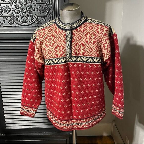 Vintage L.L Bean Women’s Ski Sweater Large Red Nordic Fair‎ Isle Wool Henley L - Picture 2 of 7